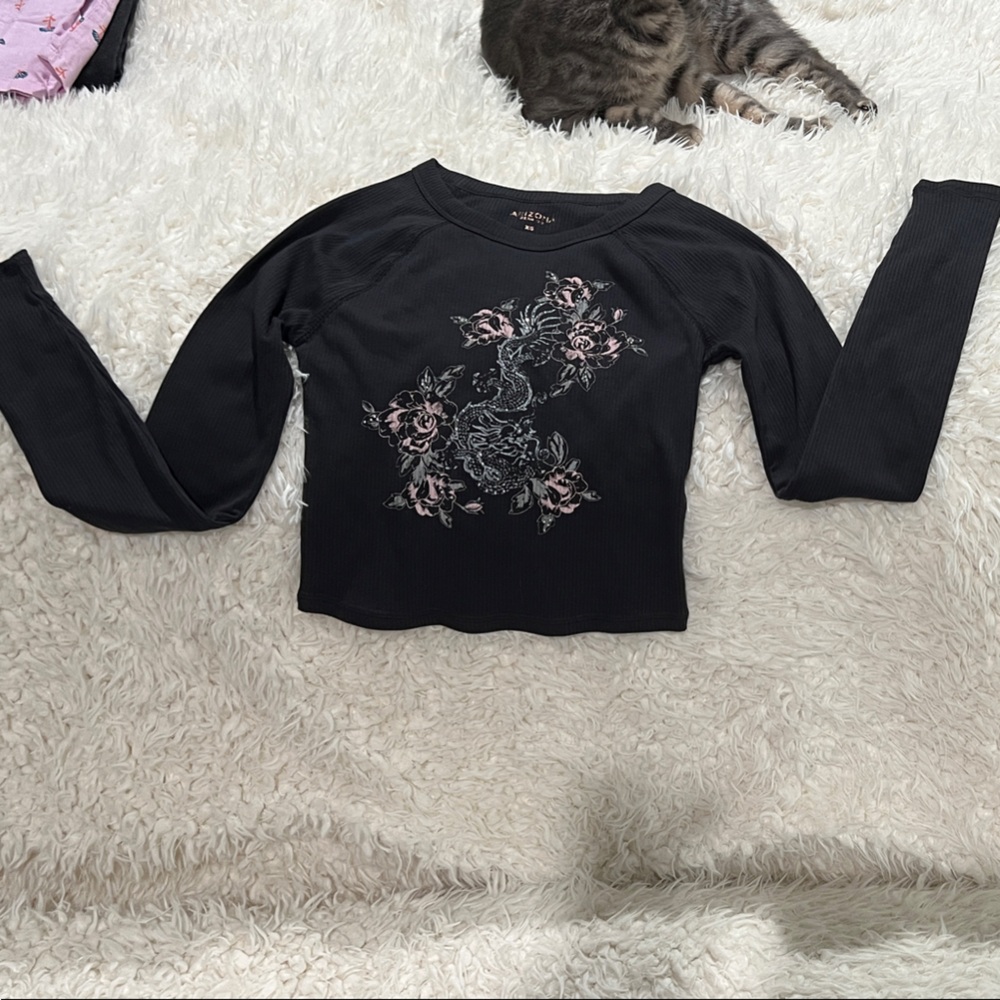 Black Long Sleeve crop Top with Floral Design
